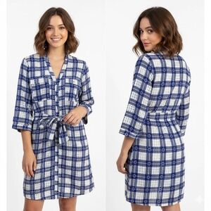 XTAREN Dress Womens Blue White Checkered VNeck‎ Belted Size Medium 3/4 Sleeves